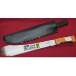 As new Tramontina Brazilian machete with 13 inch swollen point blade, wooden grip and sheath