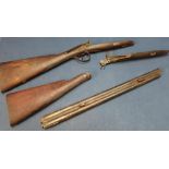 Various parts for a 19th C percussion cap sporting gun including 21 1/4 inch barrels, stock