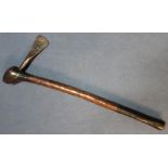 Late 18th C African Bornu battle axe with steel blade set in to swollen head of hardwood shaft which