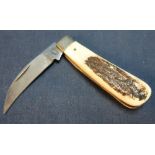 Sheffield made single balded pruning type pocket knife with Sambar horn grips