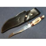 John Nowill & Sons of Sheffield sheath knife with 5 1/4 inch blade and horn grip, complete with