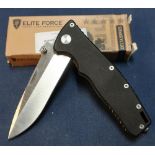 Boxed as new Elite Force Delta Series pocket knife with 3 1/2 inch blade and small hook blade,