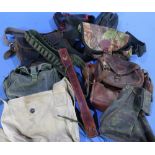 Box containing a quantity of cartridge bags, waist strap and four various bags, canvas 12 bore gun