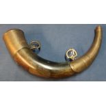 19th C powder horn with brass mounts and hanging rings