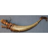 Late 19th C carved African tribal horn flask, the horn with engraved detail with carved figure of