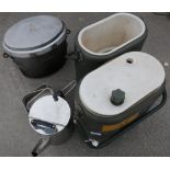 Two British military Norwegian type food carriers, large rectangular aluminium cooking pot, two mess