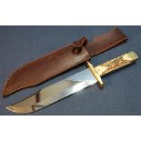Extremely large Harry Boden Bowie knife with 10 inch blade, brass crosspiece and two piece Sambar