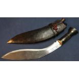 Nepalese Gurkha Kukri with buffalo horn hilt and brass inserts and pommel cap, complete with leather