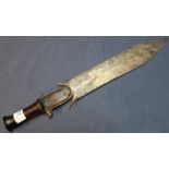 19th C African tribal type dagger with 13 inch double edged blade with engraved detail and turned