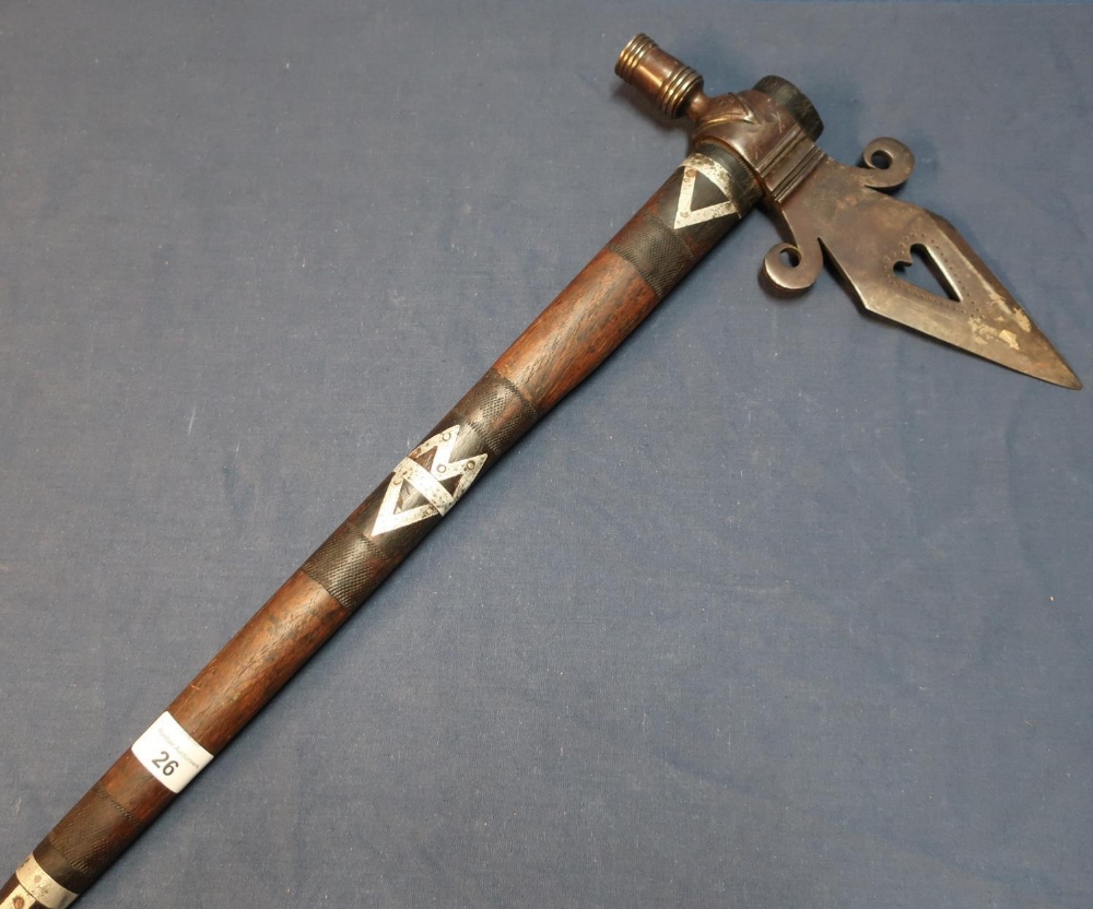 North American Indian pipe axe, the engraved steel head with double edged point with central heart