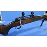 .243 Midland Gun Co bolt action rifle fitted with one inch scope rings and Harris bipod, serial