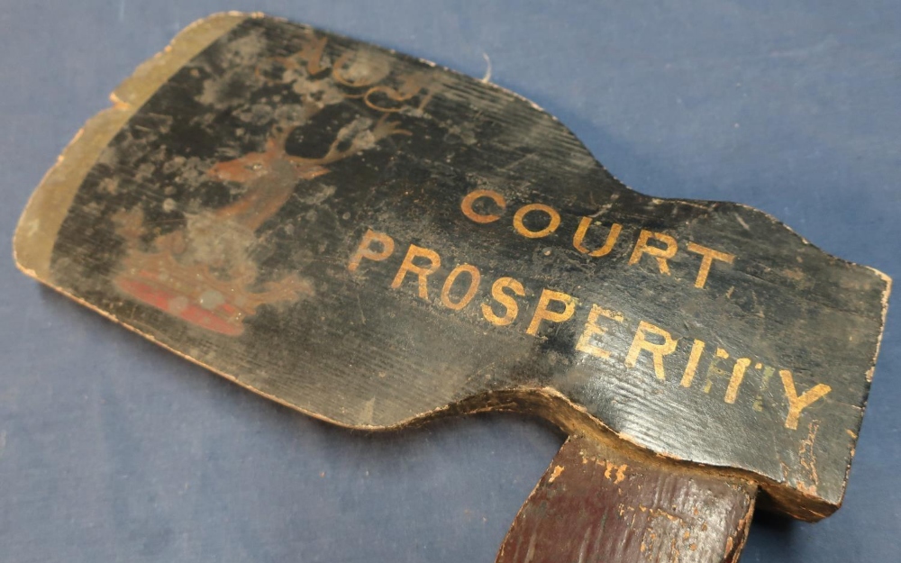 Carved wood Masonic type lodge axe with lacquered and painted detail, with stags head crest marked - Image 3 of 3