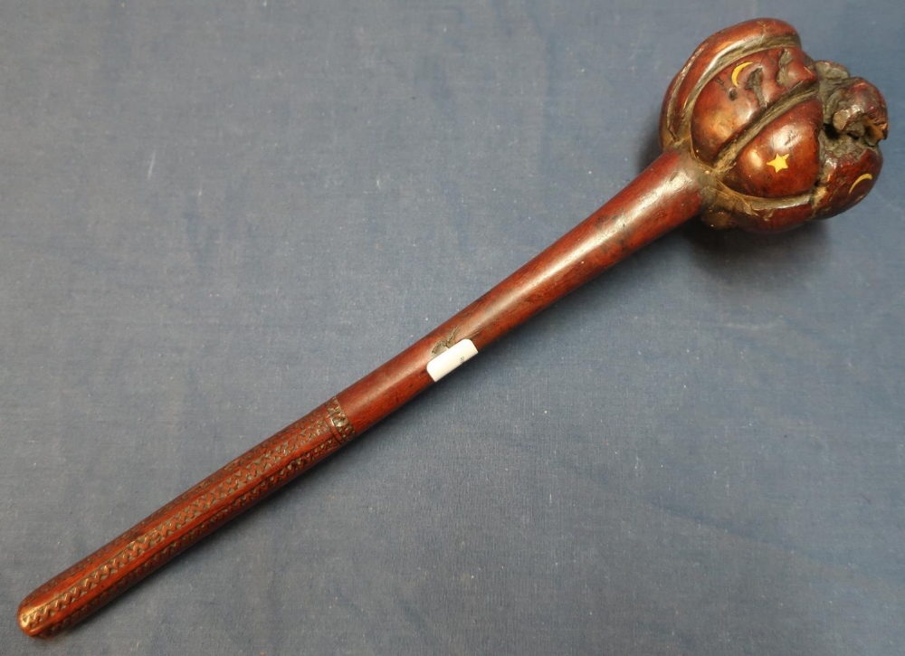 19th C Fijian tribal carved wood throwing club, 12 1/2 inch shaft with carved detail to the grip,