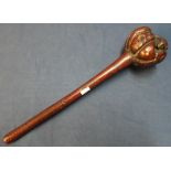 19th C Fijian tribal carved wood throwing club, 12 1/2 inch shaft with carved detail to the grip,