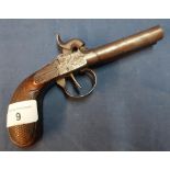 Belgium percussion cap side by side pocket pistol with 3 inch barrels, engraved details to the