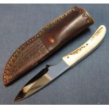 Harry Boden sheath knife with 2 1/2 inch blade, two piece Sambar horn grip and leather sheath with