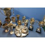 Box containing a large quantity of various silver plated military trophies, tankards, presentation