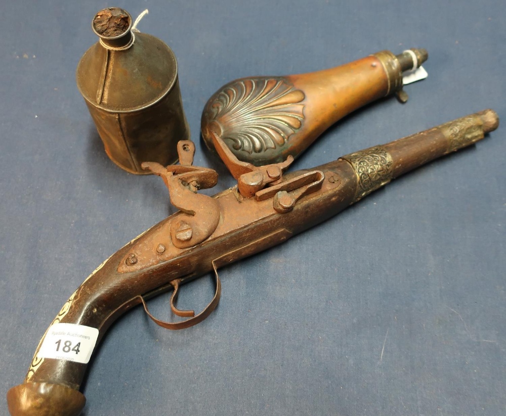 Turkish style flintlock pistol, a 19th C brass & copper shell pattern powder flask and a powder