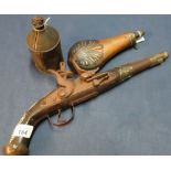Turkish style flintlock pistol, a 19th C brass & copper shell pattern powder flask and a powder