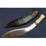 Nepalese Gurkha Kukri with bone hilt and alloy pommel cap, complete with leather scabbard with