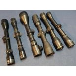 Collection of six rifle scopes including Centre-Point 4x32, AGS 2.5-10x56, Nikko Sterling Special