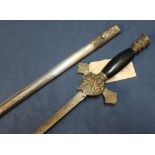 Early 20th C American Masonic dress sword with 28 inch double edge blade with engraved details