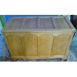 'Unicornman' Yorkshire light oak blanket box with panelled detail to the top, front and sides (104.