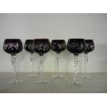 Set of six cut crystal and coloured Hock long stemmed wine glasses (19.5cm high)