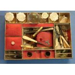 Tray for a 19th C sewing box with various accessories including carved Mother of Pearl spools, ivory