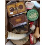 Cows horn, button cleaning slide, powder measure, bone cheroot holder, various tea tins etc