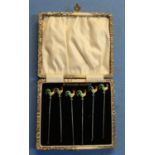 Cased set of six silver and enamel cocktail sticks, the tops crested with figures of cockerels