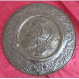 Pressed metal bronze effect shield with head and shoulder central portrait figure of Mars the God of