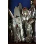 Box containing a quantity of various assorted plated cutlery including Kings pattern, cake knives,