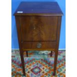 Edwardian mahogany sewing table with hinged lift of top and single drawer on square tapering