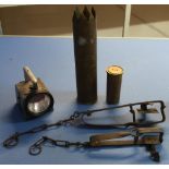 B.R Railway Bardic hand lamp, two gin traps and two shell casings (5)