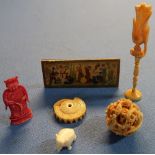 Chinese puzzle style ball with stand (A/F), carved stained Chinese red ivory chess piece, painted