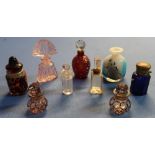 Studio glassware bud vase and a selection of various assorted glass scent bottles