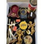 Jaeger clockwork mantle clock, various vintage tins, figures, paper knives, valve caps etc