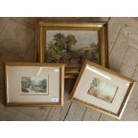 Gilt framed oil on canvas landscape scene signed L. Thompson 1963, a landscape watercolour and a