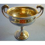 London 1912 silver hallmarked twin handled lion mask trophy cup with engraved detail "Scunthorpe