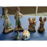 Collection of Pendelfin figures, Silvac green bunny vase, continental plaster figure etc (two boxes)