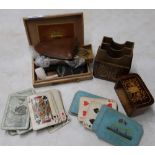 Cigar box containing clay pipe, various spectacles, a leather cased folding leather travel cup, an