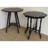 Victorian octagonal ebonised occasional table and another similar on bobbin turned supports with