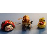 Group of three tin-plate clockwork toys, one of a duck by Lehmann (3)
