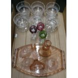 Set of six Waterford Colleen dessert dishes circa 1930, three coloured cut glasses, 19th C port