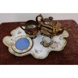 Edwardian J and G Sons 'Crescent' dressing table tray, 19th C copper lustre teapot, 19th C copper