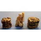 Two late 19th C carved marine ivory Netsuke type figures and a small carved Chinese ivory figure (
