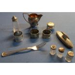 Silver plated milk jug, cruets, dressing table jars etc, silver hallmarked nail buffer, silver