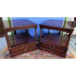 Pair of modern mahogany two tier occasional tables with single drawer to the base (50cm x 50cm x