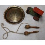 Eastern brass tray, vintage skipping rope and a tin-plate clockwork road roller